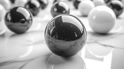 Wall Mural - A close-up of reflective black and white spheres on a marble surface.