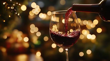 Red wine being poured into a glass during a festive holiday celebration, surrounded by warm lights and holiday decorations