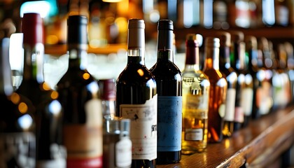 Close-up view of liqueur bottles on bar with inviting ambiance and ample copy space