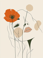 Sticker - A woman with a flower in her hair. The flower is orange and is in the foreground. The woman is in the background and is looking away