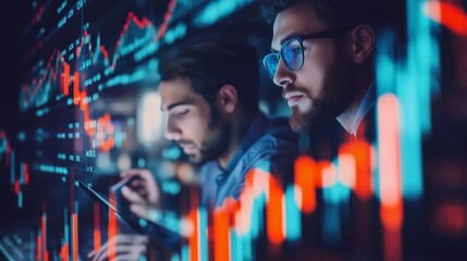 Poster - Two analysts focused on stock market charts with colorful data visualizations in a modern office during a busy trading session