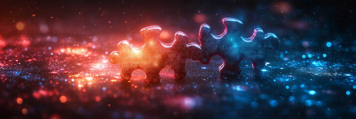 Two puzzle pieces fit together, glowing with red and blue light.