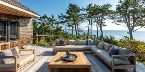 Wall Mural - rooftop terrace with coffee table of luxury pine shingle style Maine seaside home with views of tall thinly spread pine trees and views of the ocean