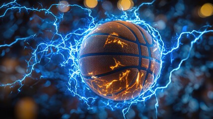 Wall Mural - blue lightning sparks around a basketball, illustrating electrifying power and the excitement of a f