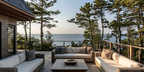 Wall Mural - rooftop terrace with coffee table of luxury pine shingle style Maine seaside home with views of tall thinly spread pine trees and views of the ocean