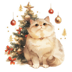 Canvas Print - A cat is sitting in front of a Christmas tree with red and gold ornaments. The cat is looking at the camera with a curious expression. Concept of warmth and holiday cheer