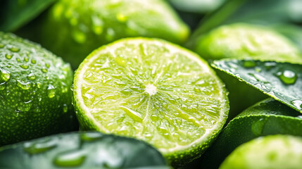 close-up of fresh limes with dewdrops, featuring a sliced lime revealing its juicy texture and vibra