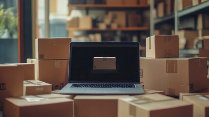 laptop displaying package amidst stacks of cardboard boxes in a shipping warehouse.