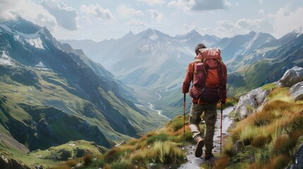 Wall Mural - Man Hiking Mountain View