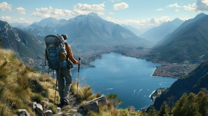 Poster - Hiker on Mountain Overlooking Lake