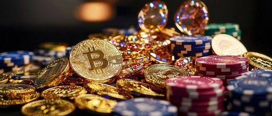 A collection of vibrant gambling chips and Bitcoin coins, symbolizing the intersection of traditional gambling and cryptocurrency.