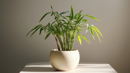 Poster - a vibrant bamboo plant in a modern ceramic pot positioned elegantly on a wooden table, illuminated b
