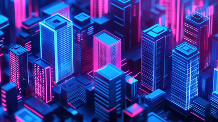 Poster - Glowing neon skyscrapers forming a futuristic cityscape at night with a colorful and vibrant background