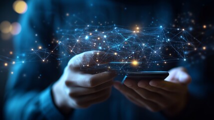 Poster - a person interacts with a smartphone while surrounded by digital network connections at night