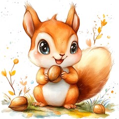 Canvas Print - Adorable Cartoon Squirrel Holding a Nut in Watercolor Style.