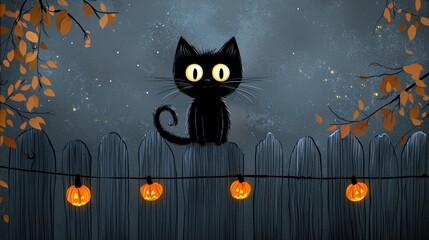 Wall Mural - Black cat sitting on a fence with Halloween pumpkins under a starry night sky.