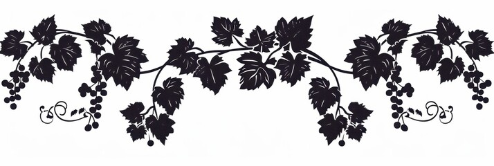 Wall Mural - Black vector illustration border drawing design of grape leaf vine