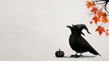 Wall Mural - Black crow with a witch hat and a pumpkin on a light background.