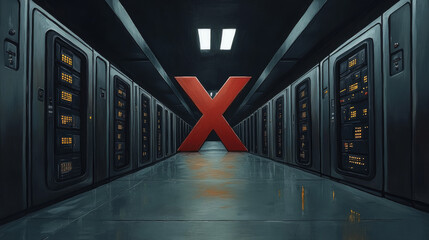 Wall Mural - A red 'X' blocks the hallway of a dark server room.