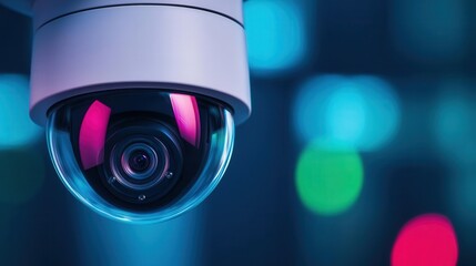 Close-up of a modern security camera with a vibrant bokeh background, showcasing technology and surveillance in a sleek design.