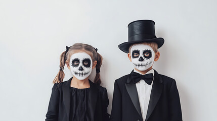 Photo of Two Children with Skull Face Paint | Halloween and Day of the Dead Celebration. 