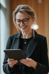 Wall Mural - A woman wearing glasses and a black coat is smiling while holding a tablet. She is happy and content