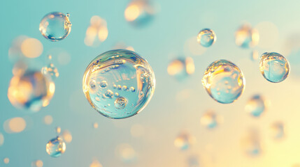 Poster - Multiple transparent bubbles are floating on a blue and yellow background