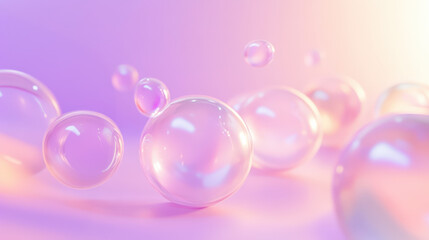 Poster -  transparent soap bubbles floating on a pastel pink background
