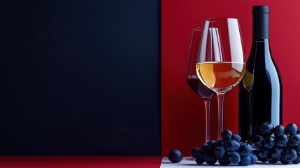  Black bottle of  wine and two glass of red and white wine with grapes on the dark blue, white  and red color geometric style background with copy space  on the left.