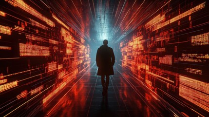 Wall Mural - A man is walking through a tunnel with a lot of red and orange lights