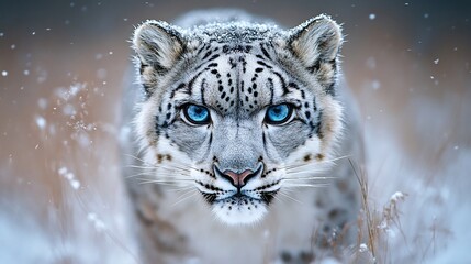 Wall Mural - a snow leopard with a powerful stare, showcasing its fierce and majestic nature in the wild, a rare 