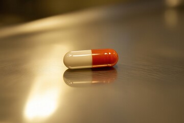 Red and white pill lying on a shiny surface