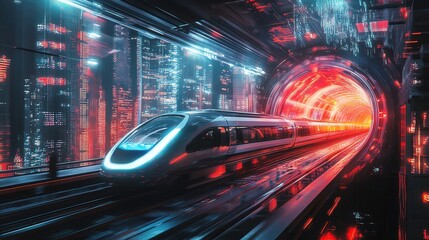 Neon-lit train enters a dazzling tunnel, showcasing a futuristic cityscape with vibrant technology.