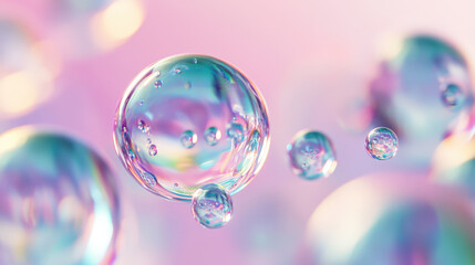 Poster - Abstract background with iridescent soap bubbles floating on pastel background