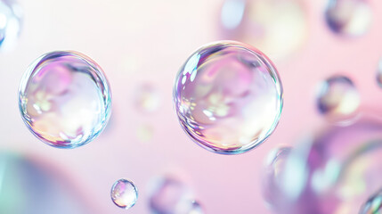 Poster - Soap bubbles are floating on a pastel background with iridescent reflections