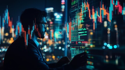Poster - business professional analyzing stock market trends at night with city skyline in the background