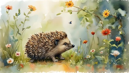 Joyful Baby Hedgehog Amidst Blooming Flowers in Watercolor for Whimsical Home Decor