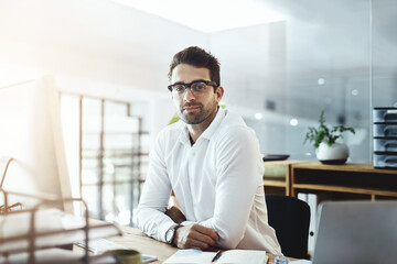 Poster - Businessman, portrait and working with desktop as confident in corporate office for deal. Male person, relax and tech in financial agency for equity, stock and finance as investment banker in Germany