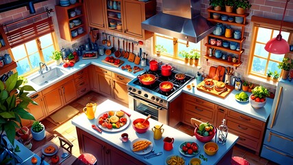 anime style a whimsical kitchen scene where animated food items are interacting with each other, featuring bright, colorful cooking utensils and cheerful, kawaii-style di