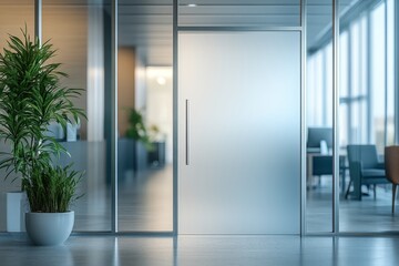 Modern office entrance with frosted glass door and greenery, creating a welcoming and professional environment.