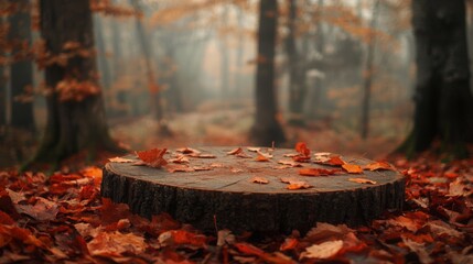 Poster - A thick wooden stump sits at the center of a tranquil forest, covered with vibrant autumn leaves. The surrounding trees fade into a soft mist, creating a peaceful atmosphere in the cool fall air.