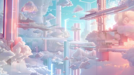 Wall Mural - Dreamy Cityscape with Pink and Blue Neon Lights