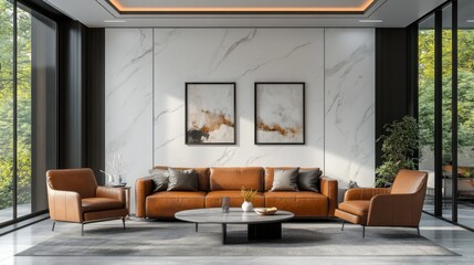 Modern Living Room with White Marble, Leather Sofa, Armchair, and Realistic Textures in Natural Daylight