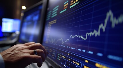Poster - Analyzing financial data trends on digital screens in a modern trading room during late hours