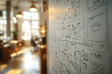 Wall Mural - Whiteboard with hand drawn website sketches in a modern office.