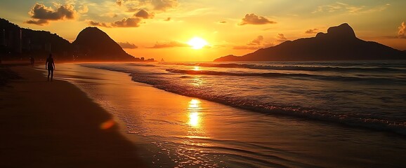 Wall Mural - A single person walking along the beach at sunset with mountains in the background.