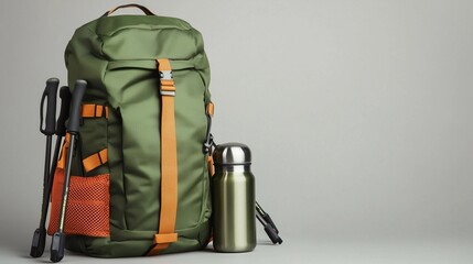durable green backpack with orange accents, water bottle and trekking poles, ideal for outdoor adven