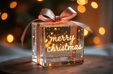 A Christmas gift made of transparent glass with a bow, a golden luminous inscription “Merry Christmas