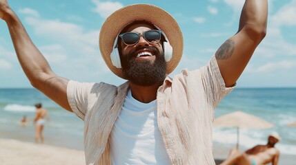 Joyful bearded man in sunglasses and straw hat raises arms triumphantly on sunny beach, embodying carefree summer vibes and pure happiness by the ocean.