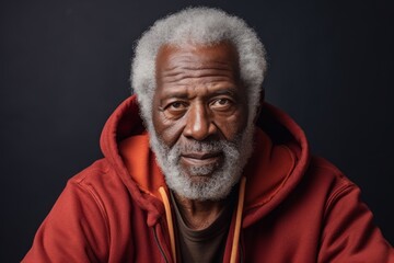 Wall Mural - Portrait of a merry afro-american man in his 80s wearing a zip-up fleece hoodie in front of soft brown background